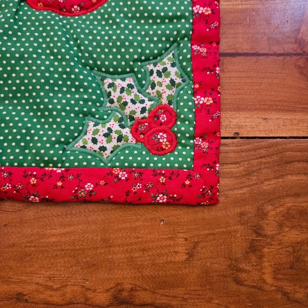 VTG Handmade Quilted JOY Christmas Wall Hanging Holly Holiday Fabric Banner